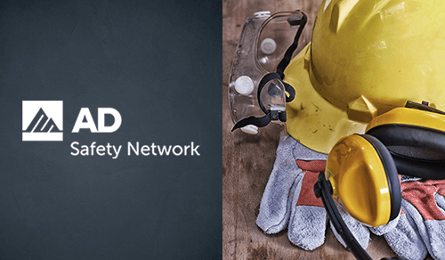 yellow hard hat, gloves, logo for AD and SafetyNetwork