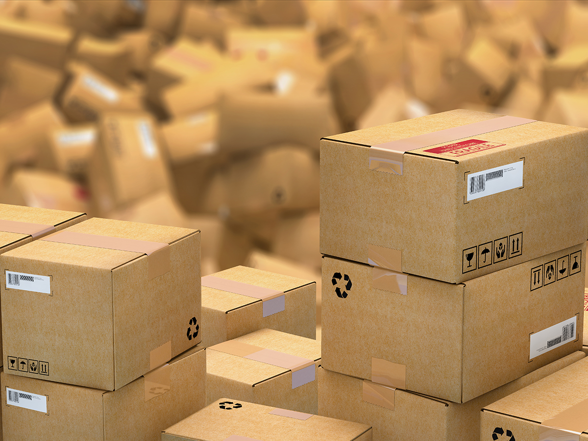 3d illustration of hundreds of cardboard parcels lying on a heap
