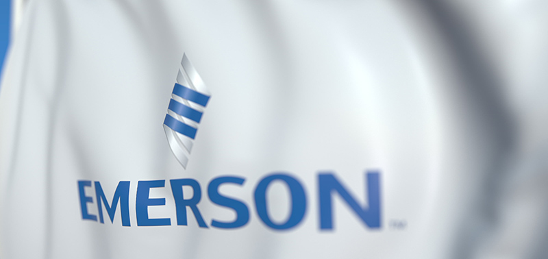 Waving flag with Emerson Electric logo. Editorial 3D