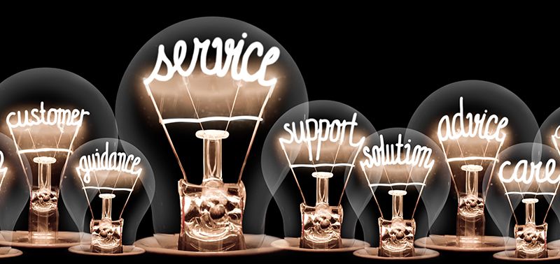 Group of light bulbs with shining fibers in shapes of Service, Advice, Quality, Help and Customer concept related words isolated on black background