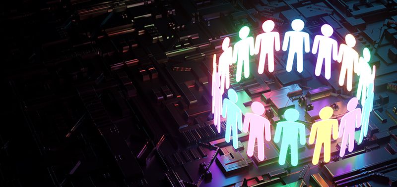 inclusion, a working group of five multi-colored icons of a human worker on a dark background. team building, cultural diversity, staffing decisions. 3D rendering, 3D illustration, business culture