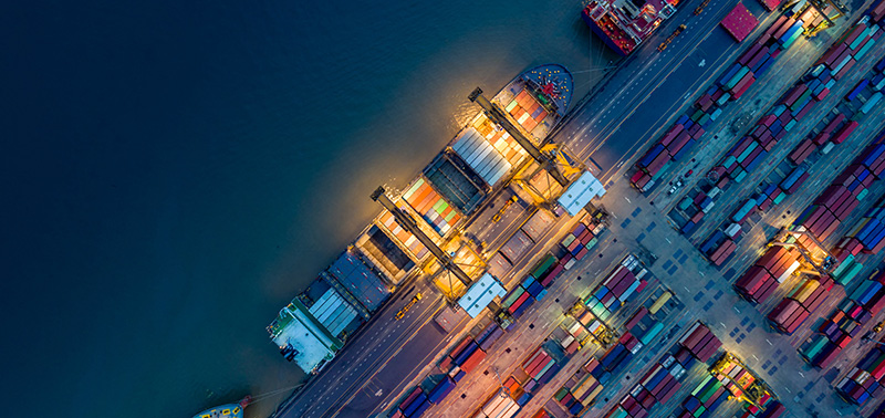 overhead shot of colorful ships in a ship yard