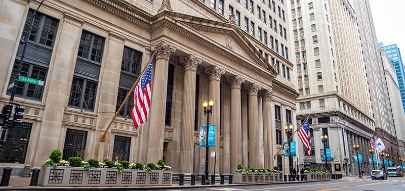 Chicago, Illinois, USA. May 9, 2019. Side view of the Federal Reserve Bank of Chicago. Stone building with corinthian colonnades background.