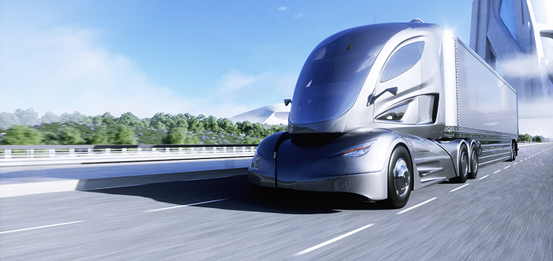 3d model of futuristic electric truck on highway. Future city background. Electric automobile. 3d rendering