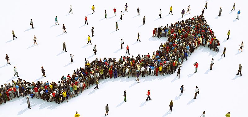 Multitude of people united to form an arrow. 3D Rendering