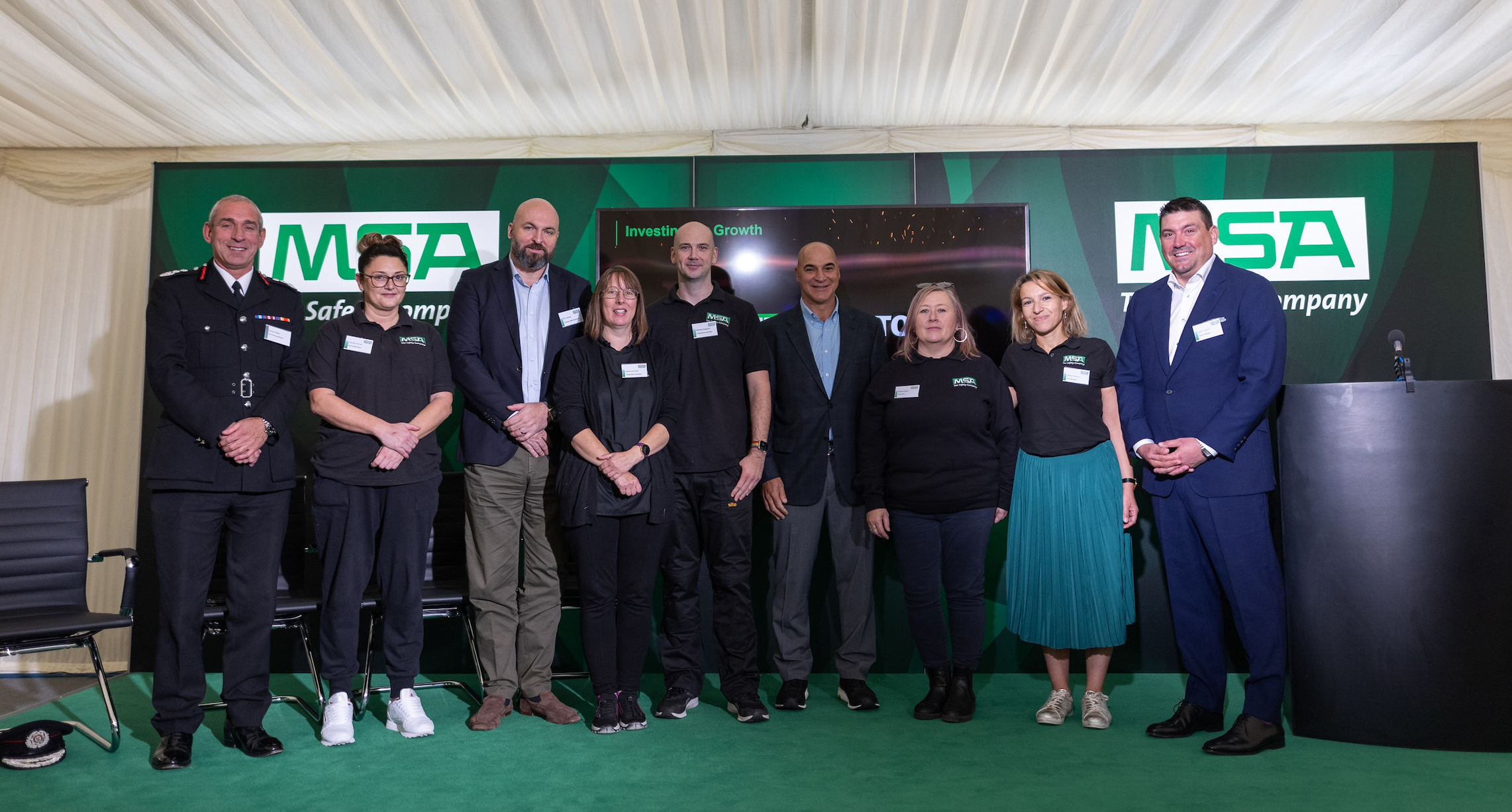 MSA Safety Cuts Ribbon on Expanded and Modernized Manufacturing Facility in Bristol. Shown in the photo are Simon Shilton, Chief Fire Officer of Avon Fire and Rescue, members of the company's executive team, and MSA Bristol associates.