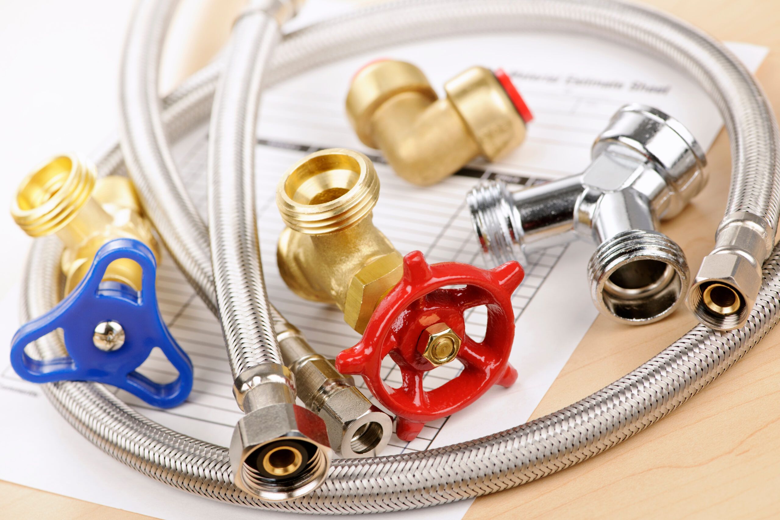 Plumbing valves hoses and assorted parts with estimate sheet