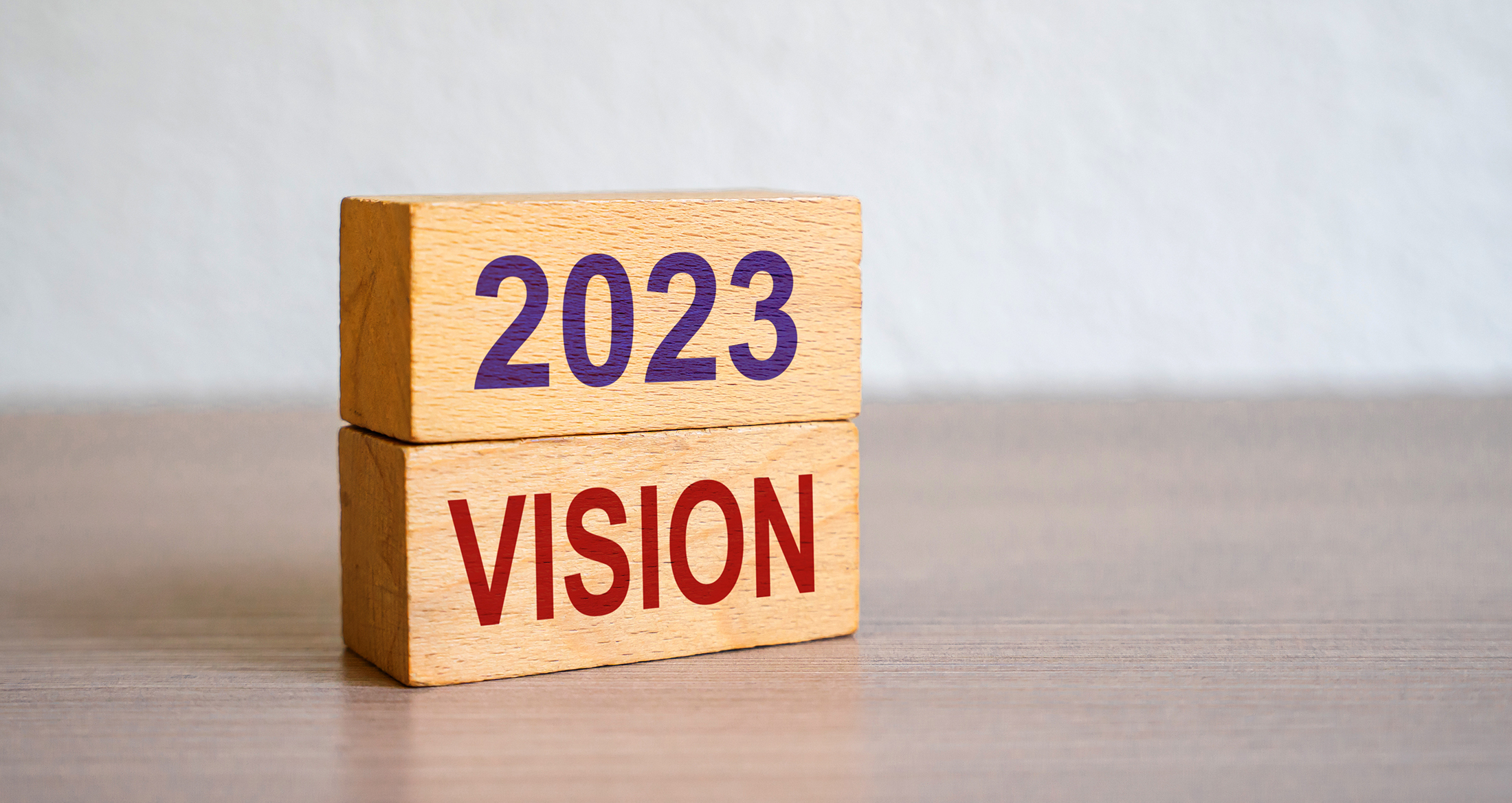 Hand puts blocks with the words 2023 Vision. Concept for business ideas and goals. Strategy development. Planning and action plan. Performance, motivation and company management.