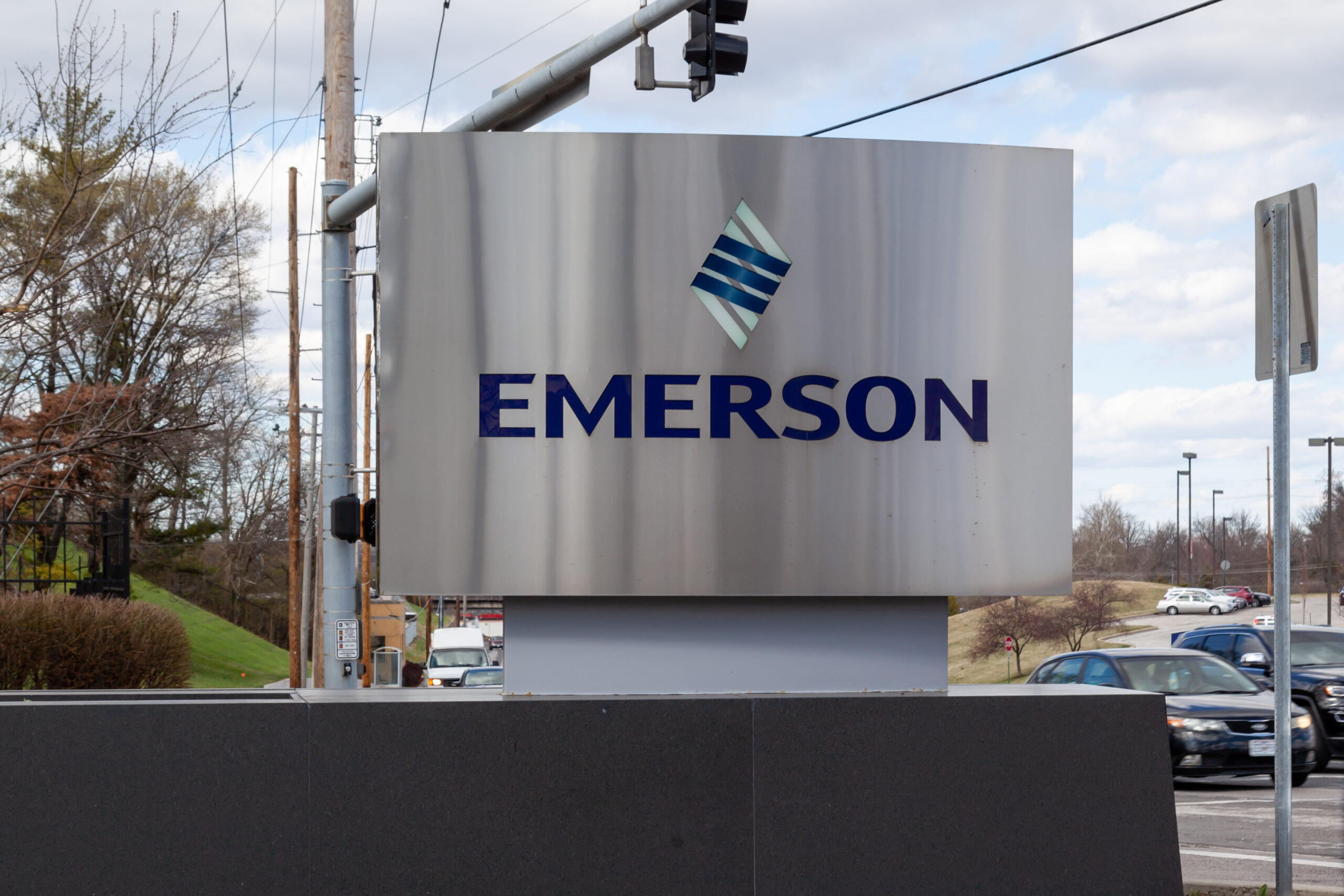 Emerson logo sign outside of its headquarters in St. Louis, Missouri.
