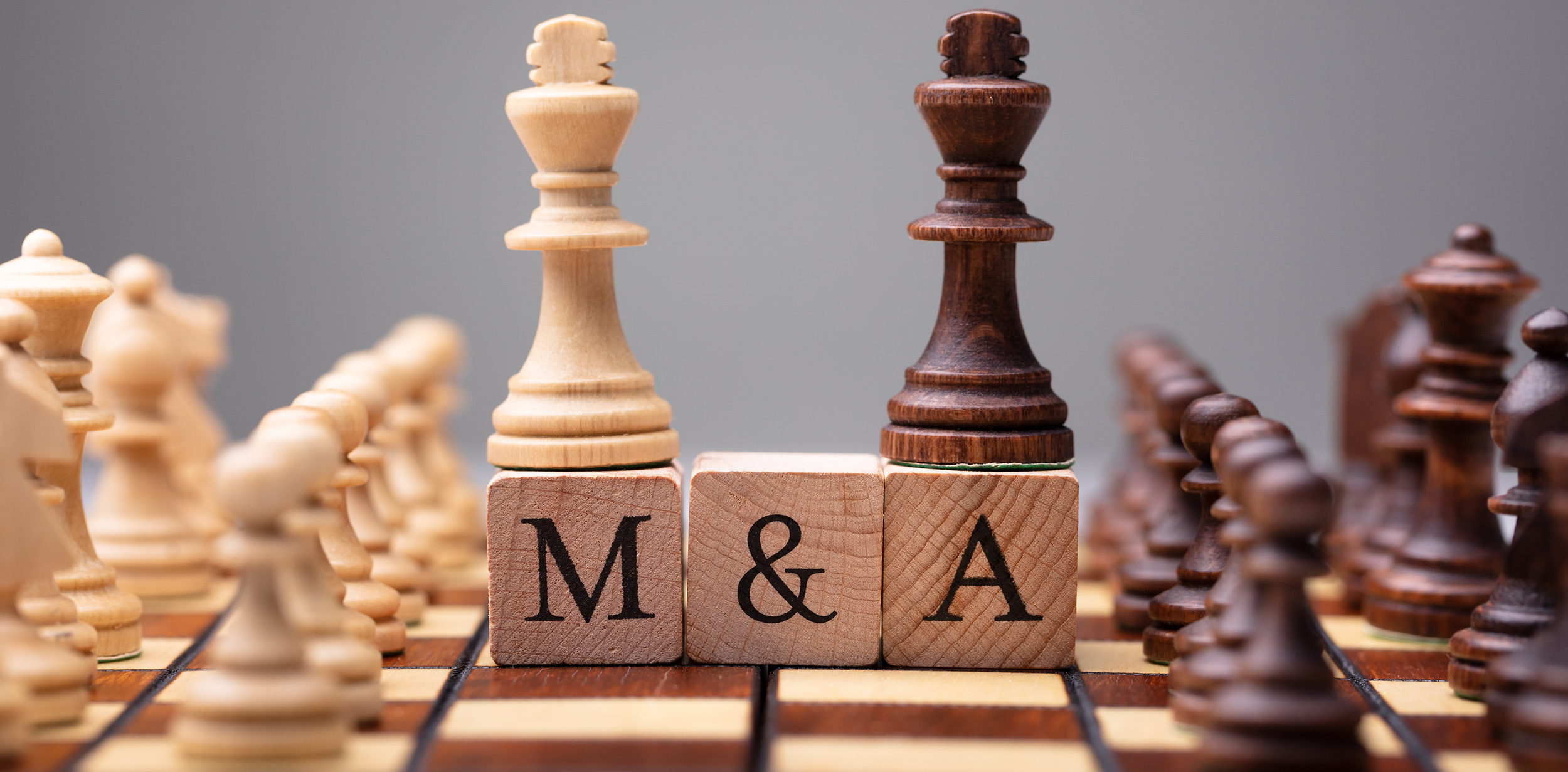 Close-up Of King Chess Pieces On Wooden Blocks With Mergers And Acquisitions