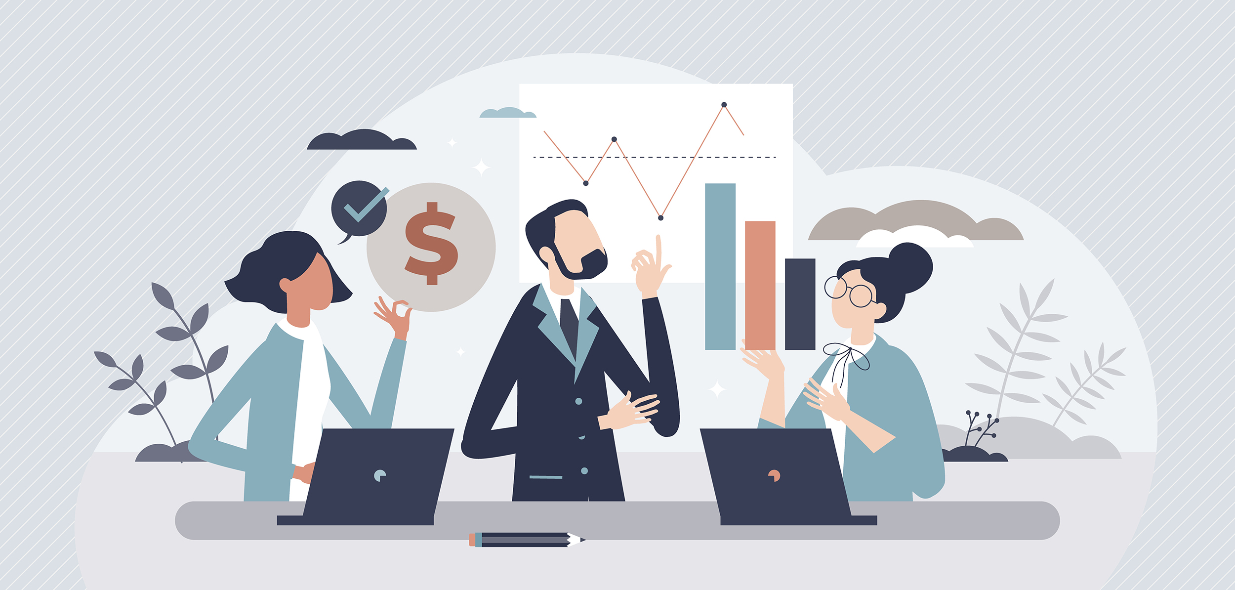 Finance fundamentals with business profit analysis tiny person concept. Company financial data calculation with statistics graph and diagram vector illustration. Investment potential money earnings.