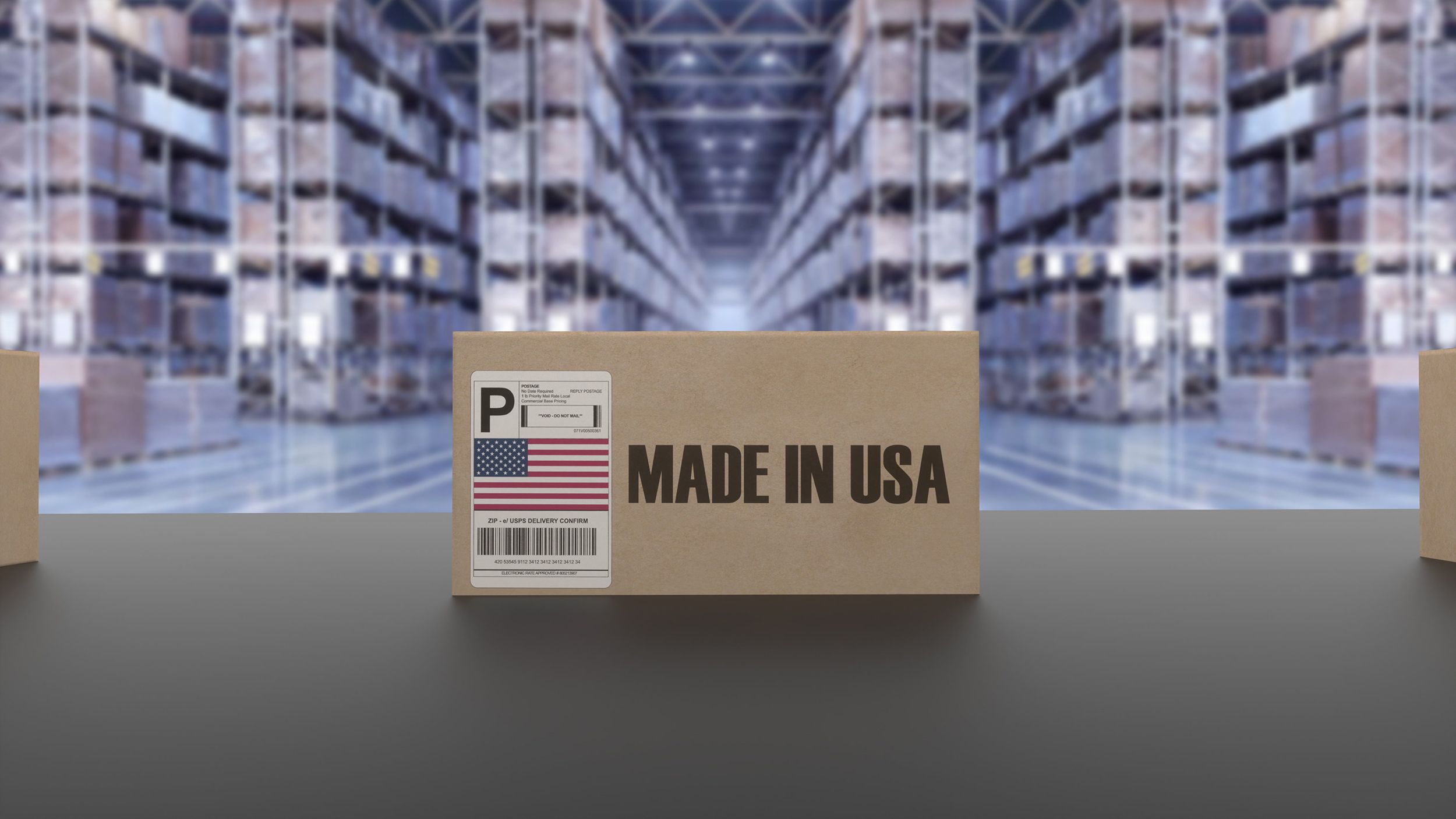 Boxes with MADE IN USA text on conveyor. American goods related. 3d rendering.