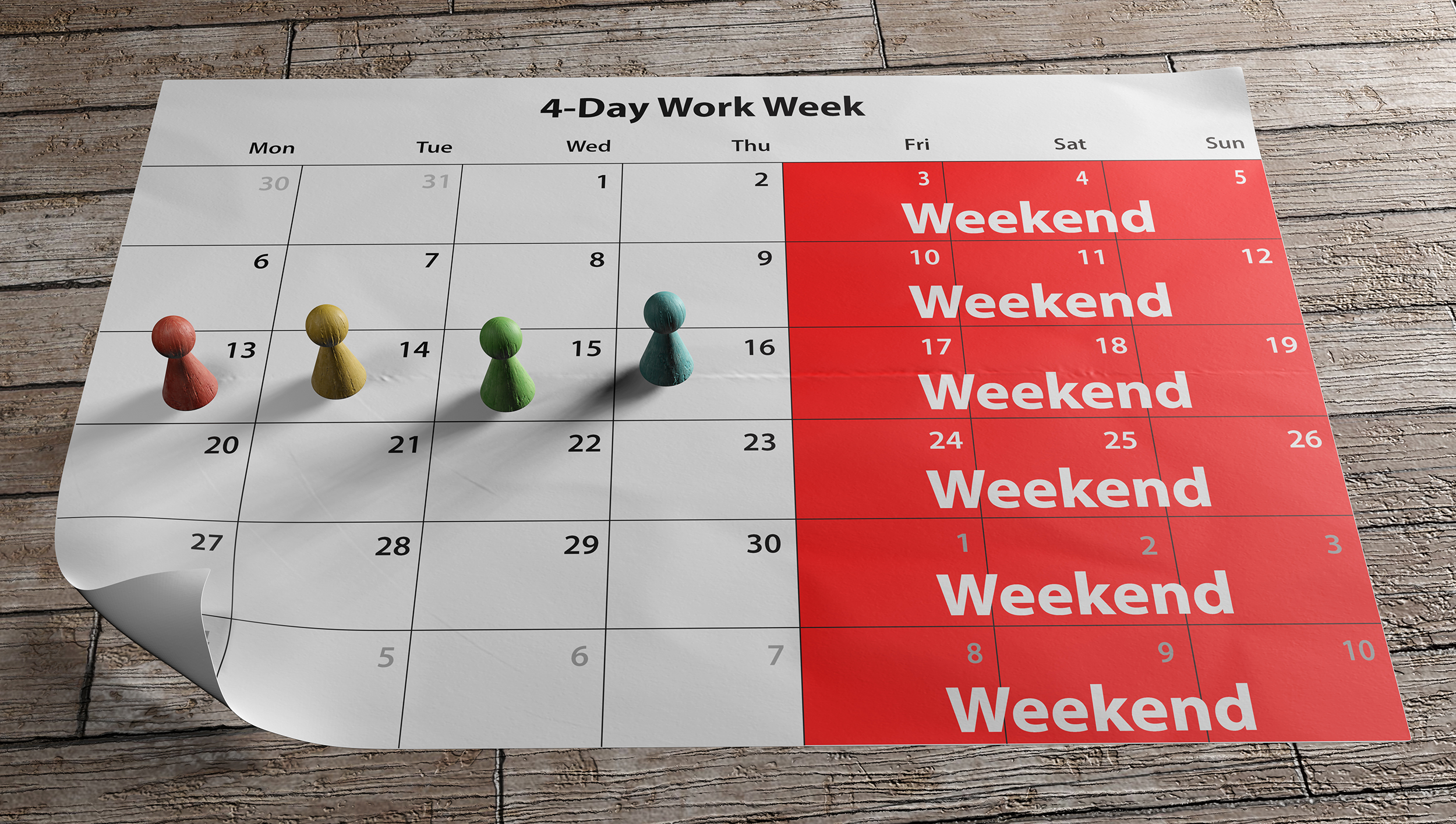 A long weekend calendar to illustrate the concept of four-day wo