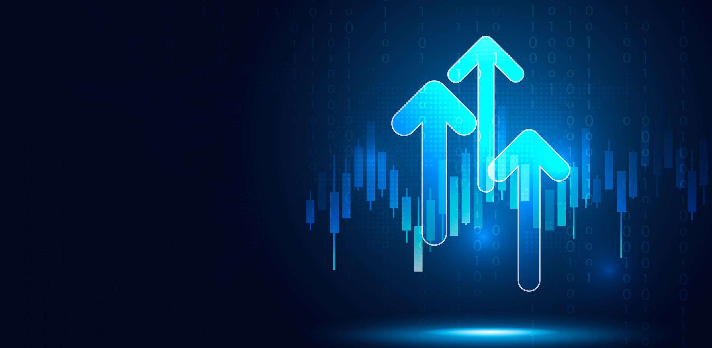 Futuristic raised triple-up arrow chart with candlesticks digital transformation abstract technology background. Big data and business growth currency stock and investment economy. Vector illustration