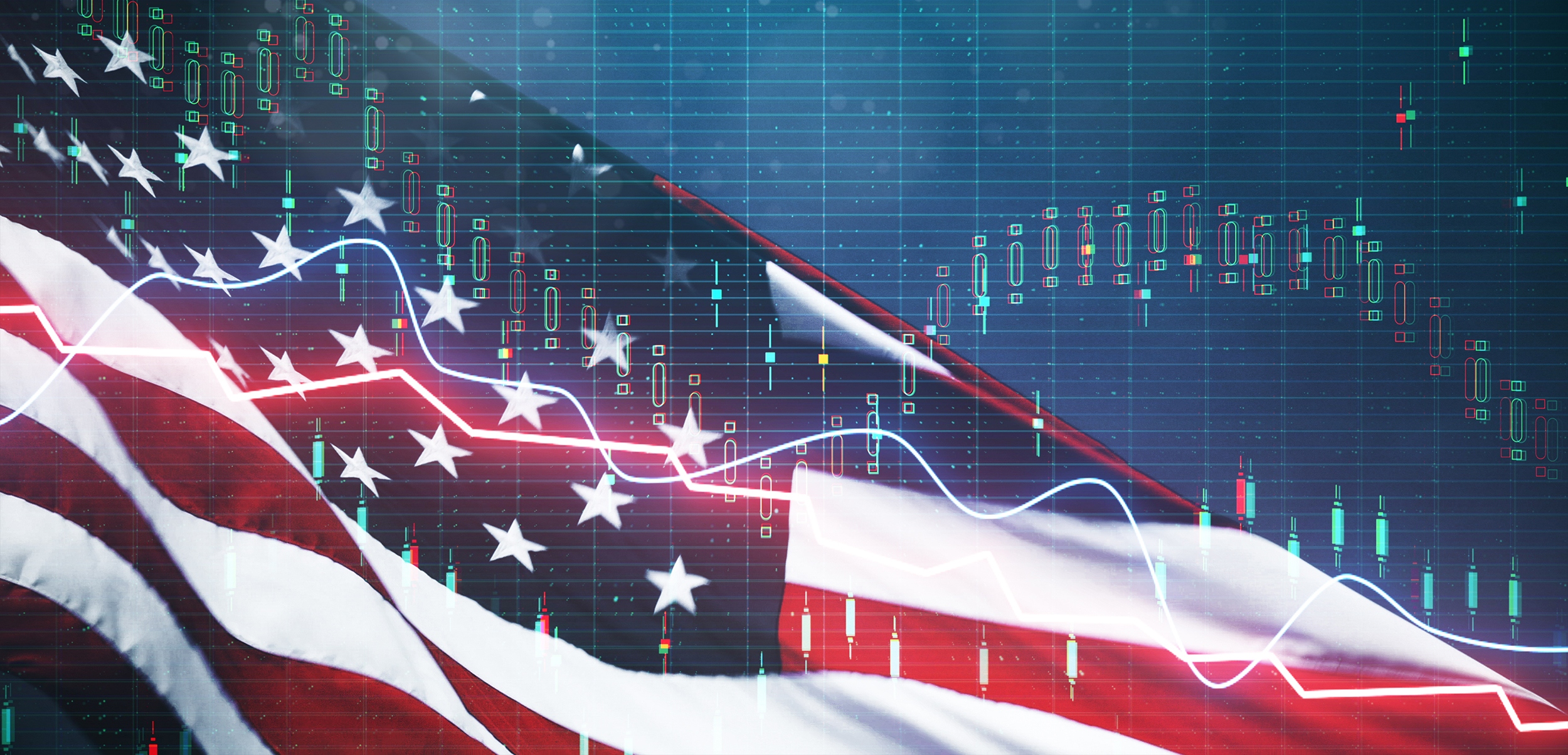 Creative american flag with forex chart on blurry background. USA economy and dollar concept. Double exposure