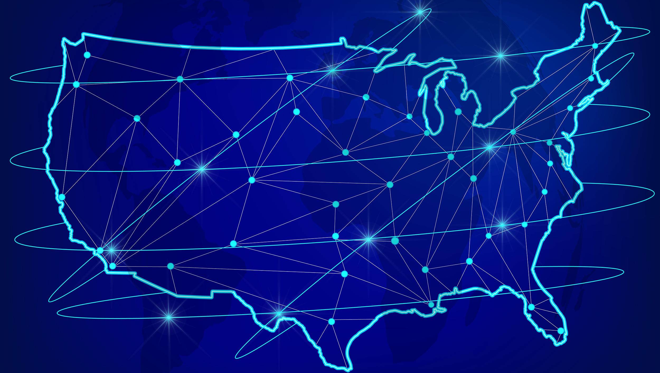 Global logistics network concept. Communications network map of the USA on the world background. USA map with nodes in polygonal style. Vector illustration EPS10.