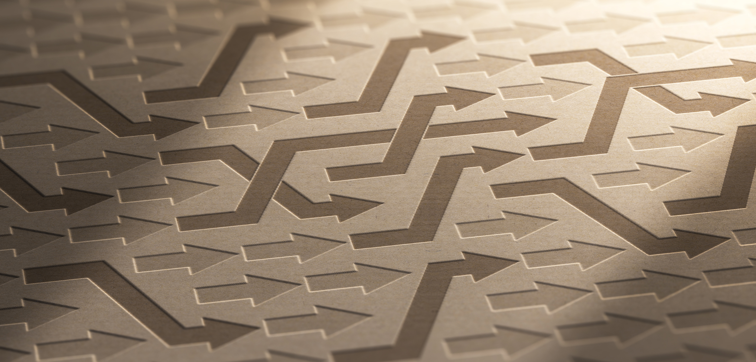 3D illustration of many arrows changing way on kraft paper. Structural Reorganization Background.