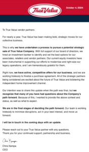 True Value Oct. 4 letter to vendor partners