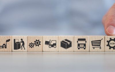 Concept of SCM with icons on wooden cubes