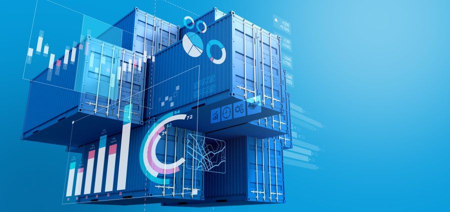 Stack of blue containers box with digital graph chart, import export business, 3d rendering
