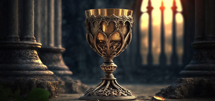 Golden chalice of wine on blurred sunlight curch background.  Ge