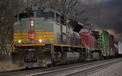 Bartlett, Illinois, USA. A pair of locomotives led by a specially painted Canadian Pacific Railway heritage unit power a freight train through northeastern lllinois destined for Davenport. Iowa. The train had recently departed from the CP freight yard in Bensenville, Illinois, just outside Chicago.