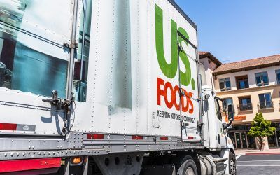 May 5, 2020 Santa Clara / CA / USA - US Foods truck driving on a street in San Francisco bay; US. Foods is an American food-service distributor
