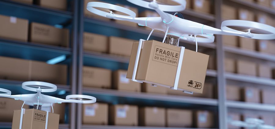 Drones carry express packages in warehouses.Packages are transported in high-tech Settings,online shopping,Concept of automatic logistics management.3d rendering warehouse.