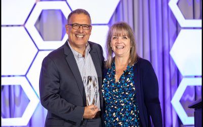 Master Power Transmission Owner Michael Cinquemani (left) with PTDA Executive Vice President and CEO Ann Ardott after Cinquemani received PTDA's Warren Pike Award on Oct. 28 during the PTDA 2022 Industry Summit n Nashville, Tennessee.