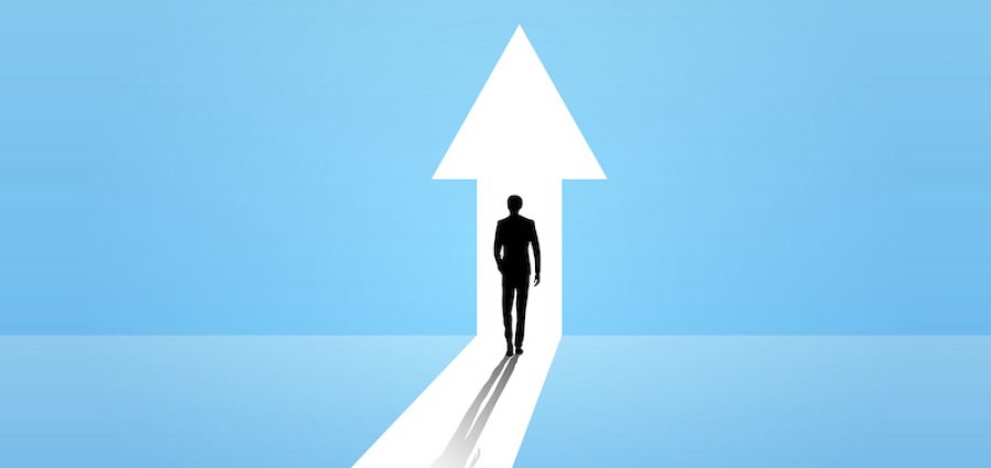 Business growth vector concept with man walking towards upwards arrow. Symbol of success, promotion, career development.