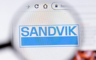 Saint-Petersburg, Russia - 18 February 2020: Sandvik company website page logo on laptop display. Screen with icon, Illustrative Editorial.