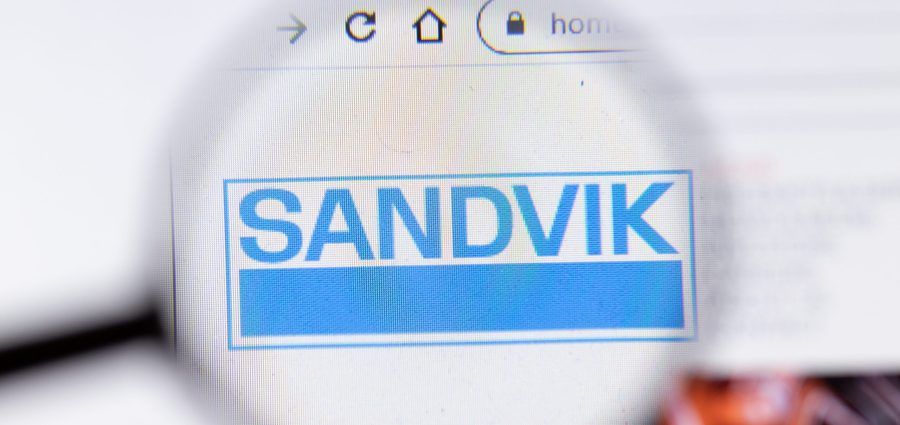 Saint-Petersburg, Russia - 18 February 2020: Sandvik company website page logo on laptop display. Screen with icon, Illustrative Editorial.