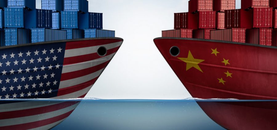 China United States trade and American tariffs as two opposing cargo ships as an economic taxation dispute over import and exports concept as a 3D illustration.