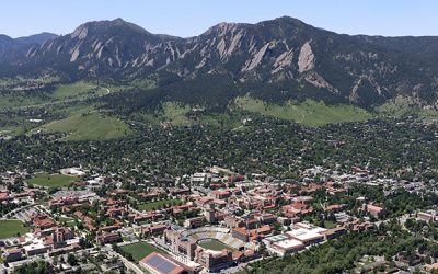 aerial photo of the University of Colorado Boulder campus in Boulder Colorado with foothills in the background