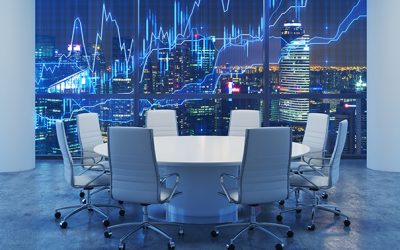 Panoramic conference room in modern office, cityscape of Singapore skyscrapers at night. Financial chart is over the cityscape. White chairs and a white round table. 3D rendering.