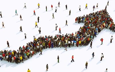 Multitude of people united to form an arrow. 3D Rendering