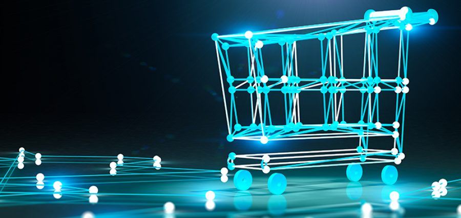 Internet business and basket design, blue digital shopping cart on black background